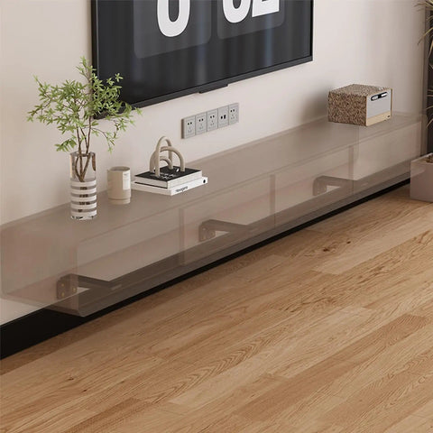 Beefed Up Thickened Black Heavy Duty Shelf Bracket With Screws supporting transparent shelf under TV