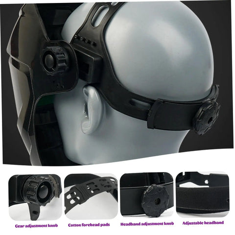 Close-up of adjustment knobs on solar powered auto darkening welding helmet with LCD lens, lightweight 8x11 inch welder mask.
