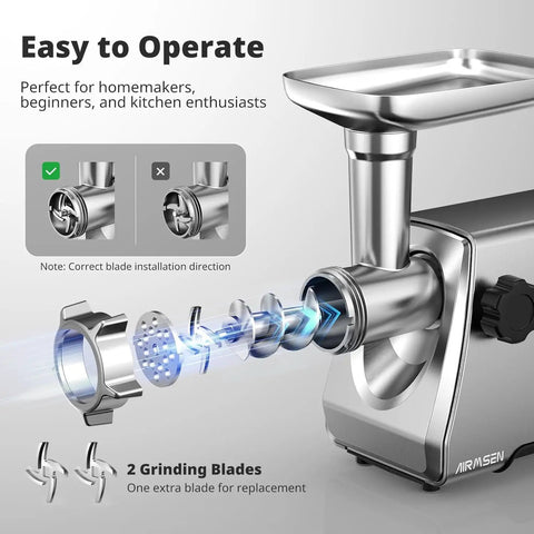 Close-up of Heavy Duty Electric Meat Grinder With Strainer And Tomato Sauce Press Maker showing blade installation details and grinding mechanism.
