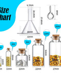 Size chart of Rad Craft Supply Set Featuring 45 Mini Glass Potion Bottles With Tight Cork Stoppers And Durable Eye Hooks.