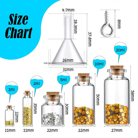 Size chart of Rad Craft Supply Set Featuring 45 Mini Glass Potion Bottles With Tight Cork Stoppers And Durable Eye Hooks.