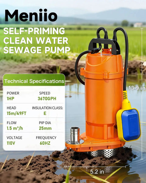 1HP Submersible Drain Pump With Float Switch Aluminum Sump Pump For Basement Flooding Garden And Yard Water Removal Heavy Duty