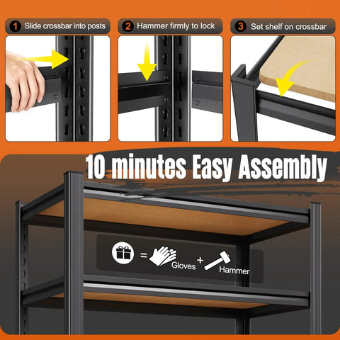 Guidelines for assembling Heavy Duty Garage Shelving Rack Built Like A Tank With Thick Steel Uprights And Durable Boards. Steps shown.