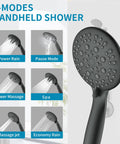 Shower System With 6 Mode Bathtub Handheld Showerhead And Rain Shower Combo, matte black finish, showcasing spray patterns