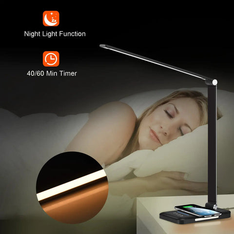 8 In 1 4th Gen Multifunctional LED Desk Lamp With 10W Fast Wireless Charger displayed beside sleeping person at night