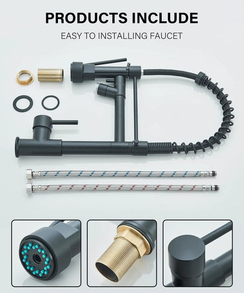 LED Kitchen Faucet With Pull Down Sprayer In Matte Black Stainless Steel, single hole spring gooseneck disassembled components