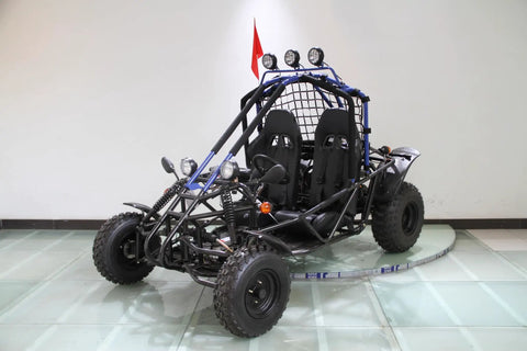 Dual Seat Off Road Go Kart Buggy With Roll Cage, Triple Spotlight Bar, All Terrain Tires, Black Frame, 200cc Adult Size For Trail Riding