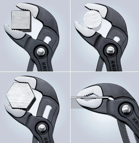 Cobra Water Pump Pliers 7 And A Quarter Inch Beefy Self Locking Pliers gripping square, round, hex, and flat objects.