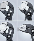 Cobra Water Pump Pliers, 10 Inch, with different jaw grips on various shapes, adjustable jaw, self-locking grip, ideal for plumbing.
