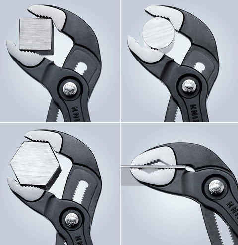Cobra Water Pump Pliers, 10 Inch, with different jaw grips on various shapes, adjustable jaw, self-locking grip, ideal for plumbing.