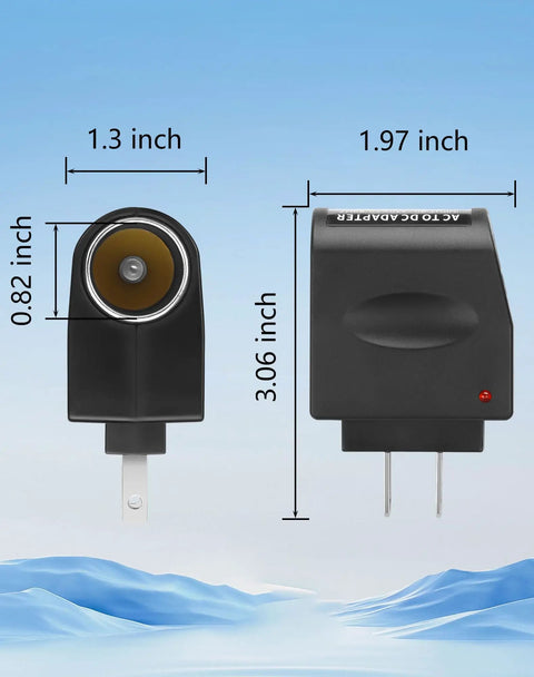 Smooth Plug And Play Ac To Dc Power Adapter, compact design with dimensions, transforms outlet to cigarette lighter socket.