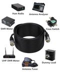 RG8X Coax Cable 50 Ohm With UHF PL259 Male To Male Connectors For Radios, shown with ham radio and analyzer equipment.