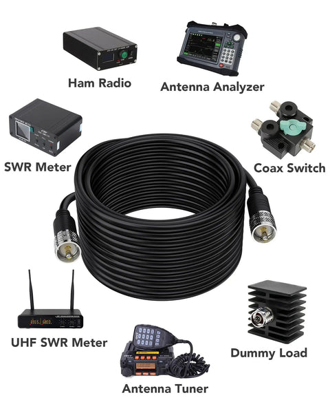 RG8X Coax Cable 50 Ohm With UHF PL259 Male To Male Connectors For Radios, shown with ham radio and analyzer equipment.