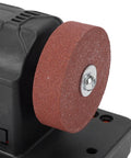 Jeffergarden Mini Bench Grinder With Two Wheels And Variable Speed Control Up To 6000Rpm Cordless Electric Tool Using 18V Lithium Battery For Sharpening Polishing And Sanding Jobs With Four Rubber Pads Included close-up of sanding wheel on grinder