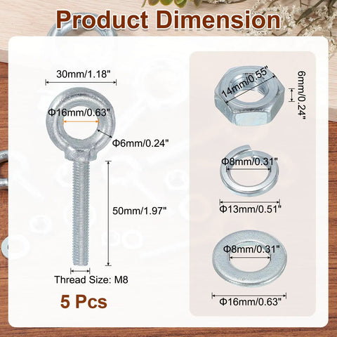 Five Pack M8 Galvanized Carbon Steel Eye Bolts Set With Nuts And Washers Heavy Duty Screw Eye Bolts Kit For Tie Down Straps Indoors Outdoors Silver Heavy Duty Hardware For Secure Lashing And Lifting Tasks dimensions and parts