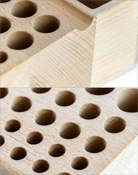 Close-up of beech wood Pro Grade Leatherworking Tool Rack 46 hole organizer showing details of wood grain and tool slots.