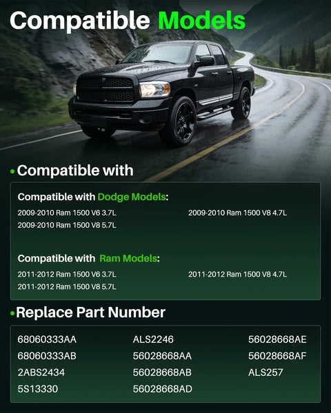 Black Dodge Ram pickup on a rainy road with a green Compatible Models panel listing Ram and Dodge models.