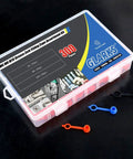 Grease Zerk Fitting Caps 300Pcs Assortment Kit M6 Red M8 Blue M10 Black with storage box and displayed caps.