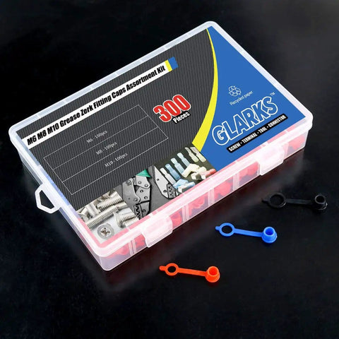 Grease Zerk Fitting Caps 300Pcs Assortment Kit M6 Red M8 Blue M10 Black with storage box and displayed caps.