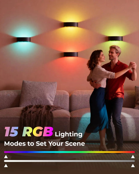 Couple dancing near Motion Sensor Wall Light With 5000Mah Battery And Remote Featuring 15 Rgb And Three Warm Modes Dimmable Wireless Sconces.