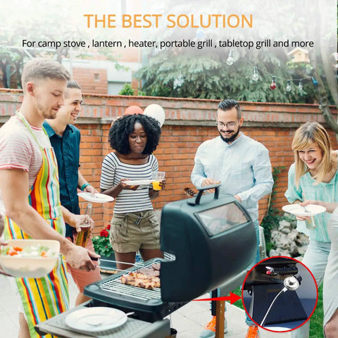 Group enjoying barbecue with 5Ft Propane Regulator And Hose For Grills, Fire Pits, Water Heaters, And Outdoor Cooktops Universal Replacement