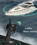Remote Control Boat 4CH Electric RC Watercraft Yacht Style Sail Cruiser for lake and pool with controller, top view at sea.