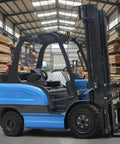 Compact Electric Pallet Stacker Mini Forklift For Warehouse Material Handling And Small Retail Spaces Easy Portable Lift For Tight Aisles, side view in warehouse.
