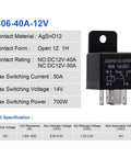 Beefy 40 Amp SPDT 5 Pin Automotive Relay 12VDC Contactor Switch Pack JD2912 1Z, showing relay specifications and product details.