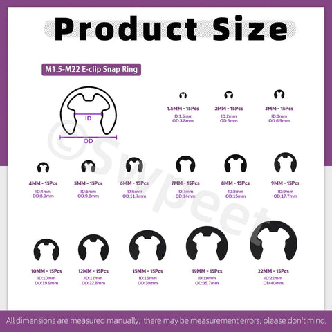 210 Piece E Clip Snap Ring Kit With Tweezers 14 Sizes M1.5 to M15 size chart, high carbon steel external retaining rings