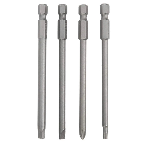 Kickstart Your Home Repair Game With This Awesome 16Pcs Screwdriver Bits Set Featuring Hex Cross Slotted And Pentalobe Tips Made From Tough Chrome Vanadium Steel For Drills And Manual Tools. Four chrome vanadium steel screwdriver bits on white background