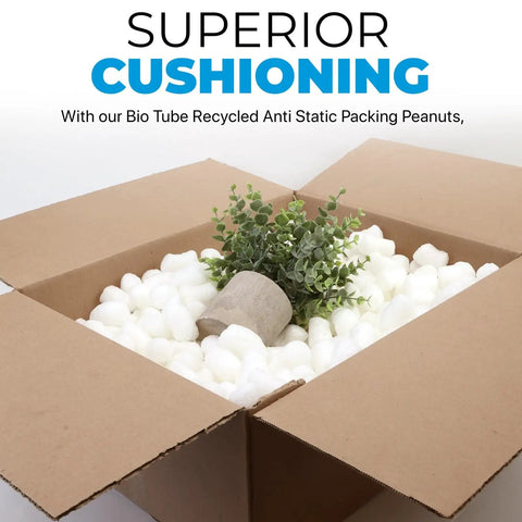 Open box filled with Biodegradable Packing Peanuts 0.25 Cu Ft Antistatic, Compostable White Popcorn Packaging Cornstarch Blend.