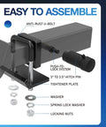 Anti Rattle Hitch Tightener And 2 Inch Receiver Lock Set showing U-bolt, hitch pin, and assembly components for trailers.