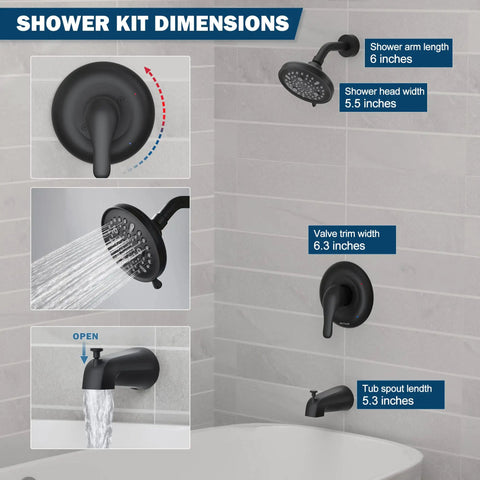 Dimensions of Matte Black 9 Setting Rain Shower Head Tub And Shower Faucet Set With Single Handle Valve Trim Kit Upgrade Your Bath