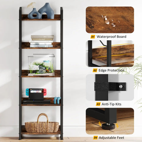 Five Tier Tall Bookshelf Featuring Rustic Brown Wood Panels And Sturdy Metal Frame Narrow Storage Organizer Perfect For Living Room Or Home Office Slick Display Rack Built Tough As Nails To Keep Your Stuff Neat And Tidy Without A Fuss