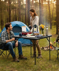 34 Inch Folding Card Table Square with Detachable Legs, Dual Height Adjustable, in use at a campsite with people dining