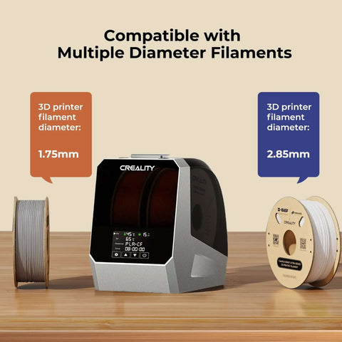 Dual Spool Filament Dryer Box For 3D Printing with spools and touch screen display, compatible with multiple diameters.