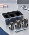 Heavy Duty Dual Function Pipe Threader Kit For Power Drill Cuts And Threads Half Through One Inch Pvc Pipe With No Sweat Dead Easy Install Smooth Operation, with metal threading tools in a box.