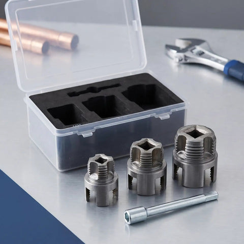 Heavy Duty Dual Function Pipe Threader Kit For Power Drill Cuts And Threads Half Through One Inch Pvc Pipe With No Sweat Dead Easy Install Smooth Operation, with metal threading tools in a box.