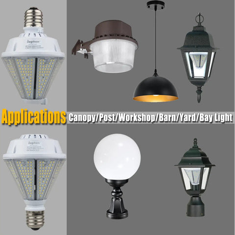 80W LED Corn Light Bulb With Removable E26 And E39 Base, Beefy 10400 Lumens, 5000K Daylight used in various lighting fixtures.
