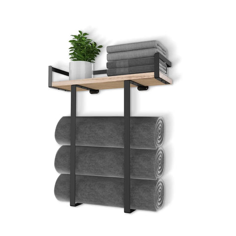 Wall Mounted Towel Rack With Wooden Shelf for Folding Large Towels Metal Towel Holder Perfect for Small Bathrooms Apartments RVs and Campers