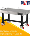Heavy Duty Mobile Welding Fixture Table 60x36x36 Silver Shop Workbench with precise laser cut grid holes and locking casters.