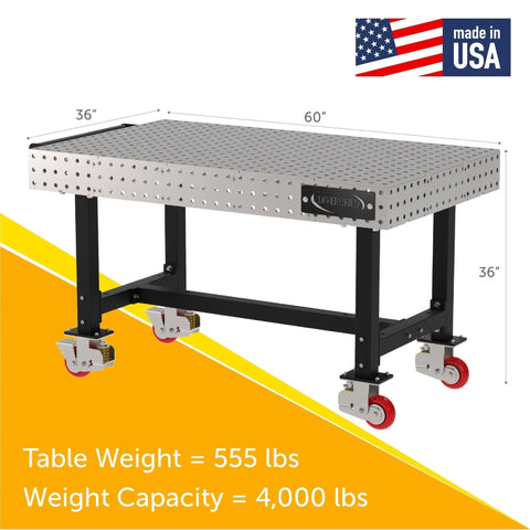 Heavy Duty Mobile Welding Fixture Table 60x36x36 Silver Shop Workbench with precise laser cut grid holes and locking casters.