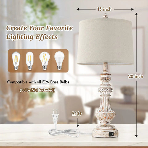 Vintage Vibe Table Lamps Set Of 2 With USB Ports, 28 inches resin base, linen drum shade, compatible with E26 bulbs, bedside use.