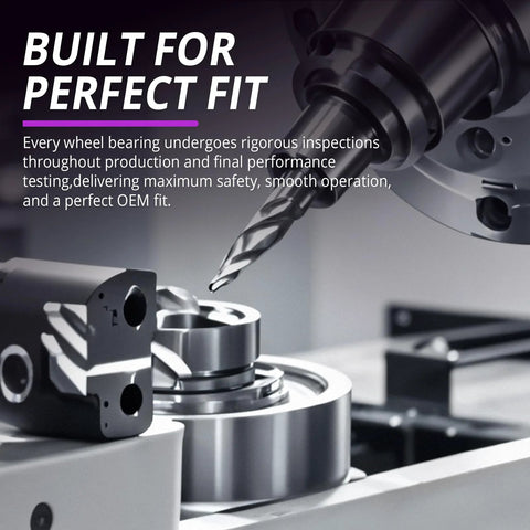 Close-up of machinery inspecting wheel bearing hub assembly for Ford Focus, highlighting precision fit and rigorous testing.