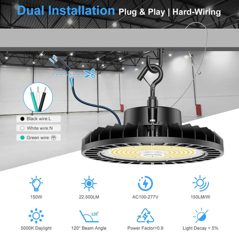 Dual installation of Ultra Bright 150W UFO High Bay LED Light With Remote Dimmable Up And Down Lighting 5000K for warehouse