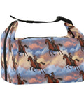 Cowboy Rides A Horse Across The Desert Insulated Lunch Bag with western design in blue and orange, side angle view