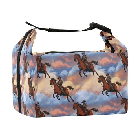 Cowboy Rides A Horse Across The Desert Insulated Lunch Bag with western design in blue and orange, side angle view