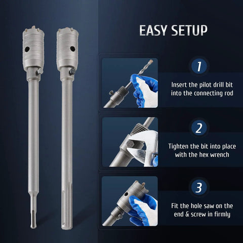 Easy setup guide for 9 In 1 Hole Saw Kit For SDS Plus And Max Hammer Drills with detailed assembly steps and equipment.