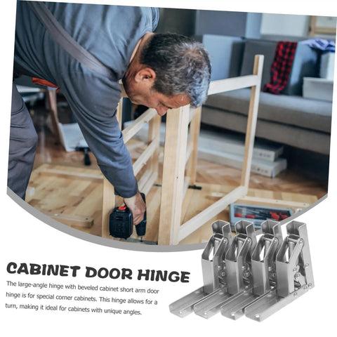 Man installing 4 pack 90 degree folding cabinet door hinges for corner cabinets, hidden soft close brackets, metal shelf support.