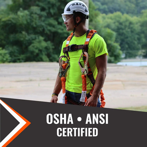 Person wearing Double Leg Stretch Fall Protection Lanyard with Internal Shock Absorbing Design for 4.5 to 6 Feet, OSHA ANSI Compliant.